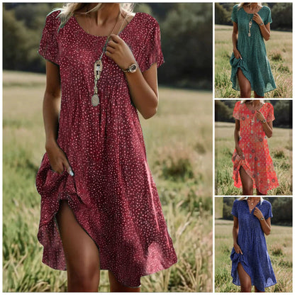 🌸Elegancka zielona sukienka midi z krótkim rękawem w kropki