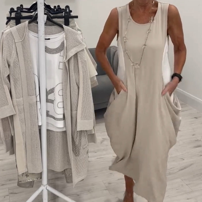 ✨Prosta lniana sukienka bez rękawów z kieszeniami