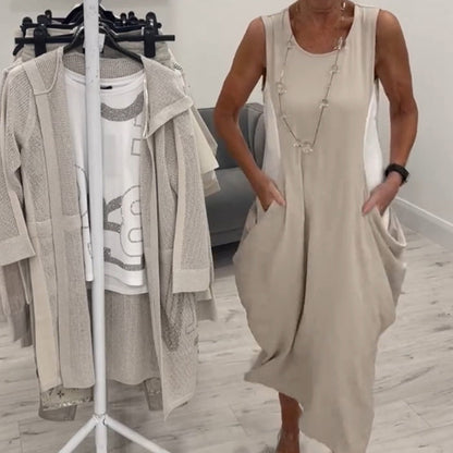 ✨Prosta lniana sukienka bez rękawów z kieszeniami