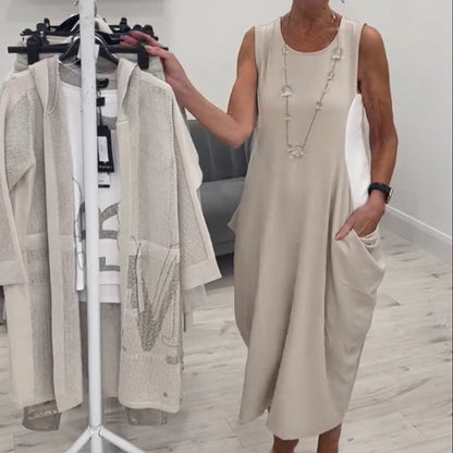 ✨Prosta lniana sukienka bez rękawów z kieszeniami