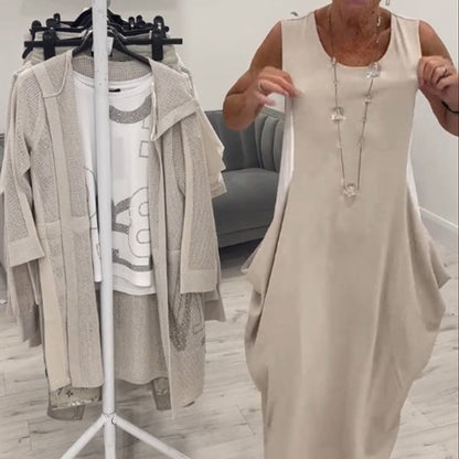 ✨Prosta lniana sukienka bez rękawów z kieszeniami