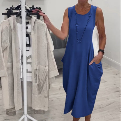 ✨Prosta lniana sukienka bez rękawów z kieszeniami