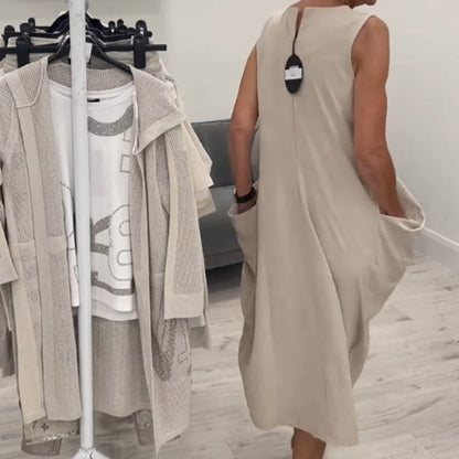 ✨Prosta lniana sukienka bez rękawów z kieszeniami