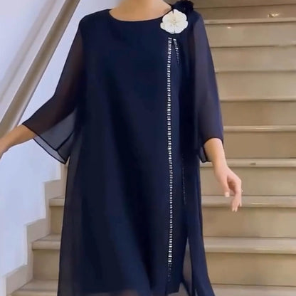 🌸✨【S-4XL】Siateczkowa sukienka damska z okrągłym dekoltem i kwiatowym akcentem