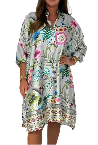 🌺Luźna sukienka w kwiaty z dekoltem w serek zapinanym na guziki