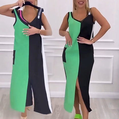 Kolorowa dzianinowa sukienka bez rękawów z dekoltem w serek