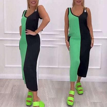 Kolorowa dzianinowa sukienka bez rękawów z dekoltem w serek