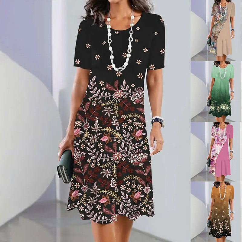 🌸Damska elegancka sukienka z okrągłym dekoltem w kwiatowy print