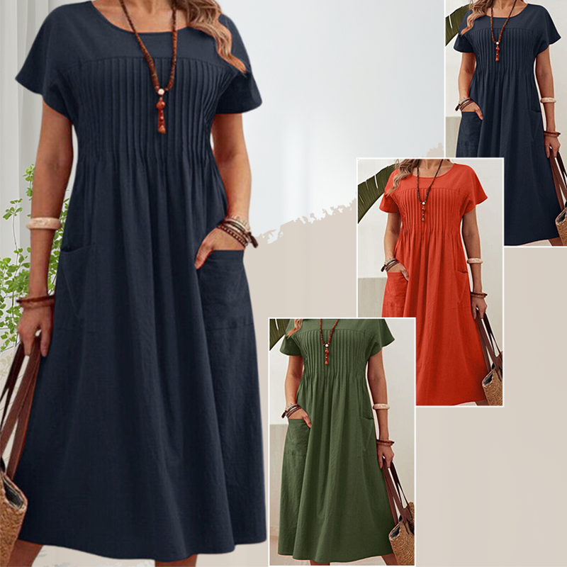 Sukienka plisowana damska z krótkimi rękawami i kieszeniami