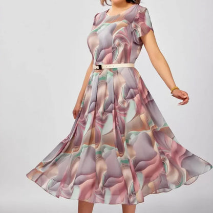 💞Sukienka z abstrakcyjnymi kwiatami i fantazją (z paskiem)