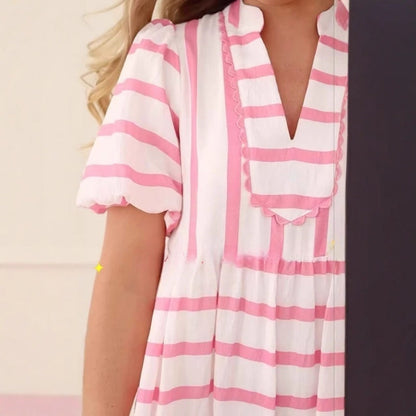 🌸Damska letnia sukienka w paski, luźna, swobodna, z krótkim rękawem