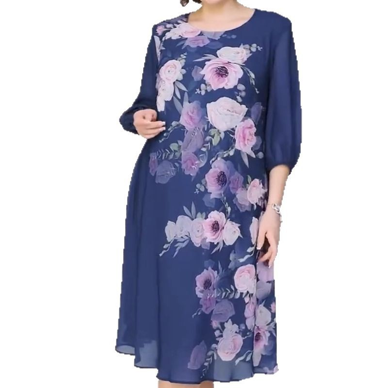 Elegancka sukienka z szyfonu z kwiatowym nadrukiem i okrągłym dekoltem