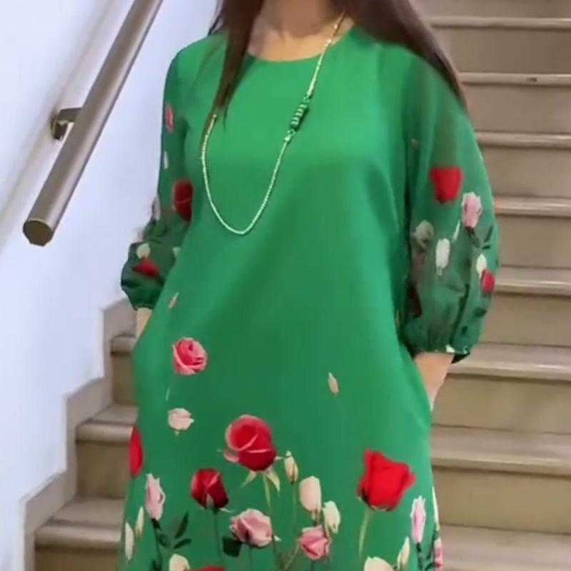 Damska elegancka sukienka w kwiaty z okrągłym dekoltem