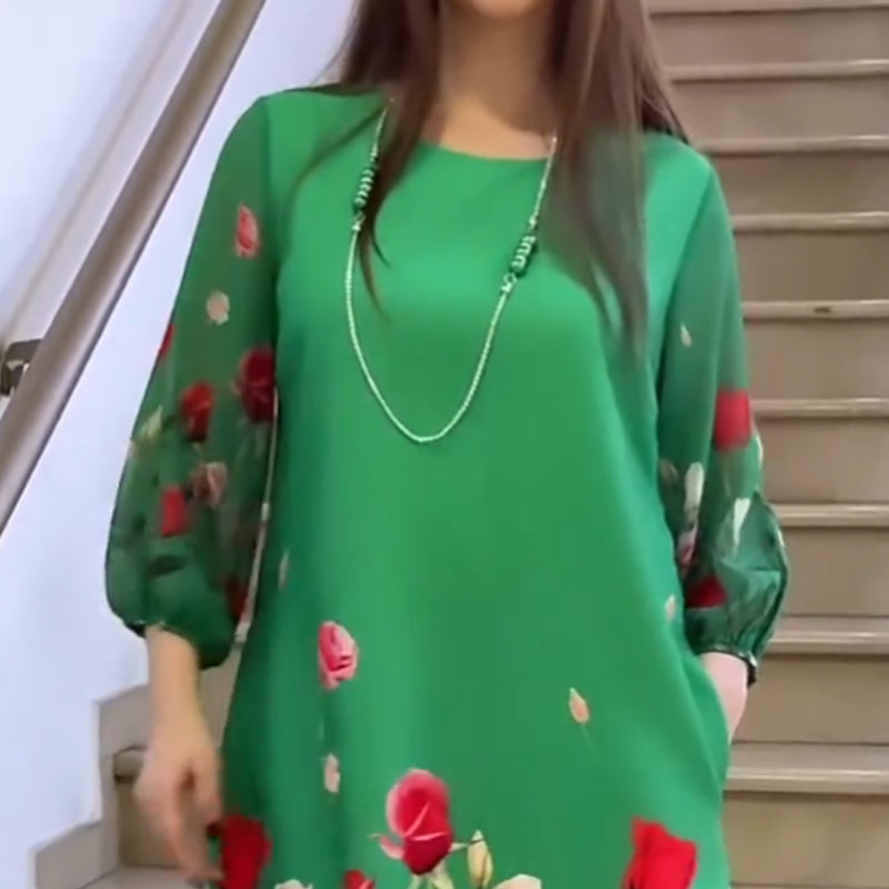 Damska elegancka sukienka w kwiaty z okrągłym dekoltem