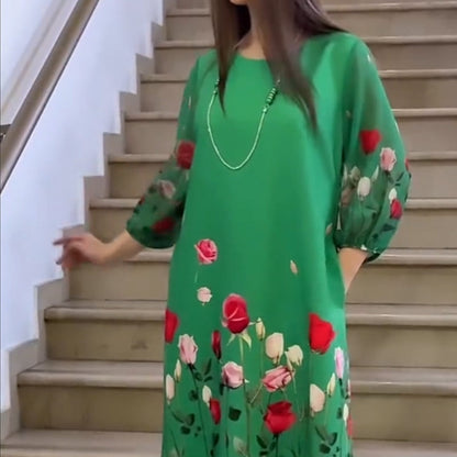 Damska elegancka sukienka w kwiaty z okrągłym dekoltem