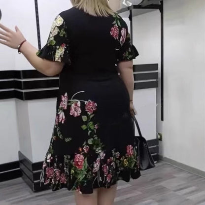 🌺Elegancki nadruk w dużym rozmiarze, sukienka z falbankami