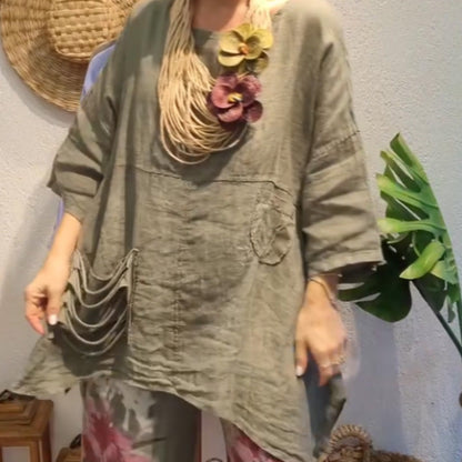 ✨Lniany top z kieszeniami bocznymi dla kobiet o luźnym kroju