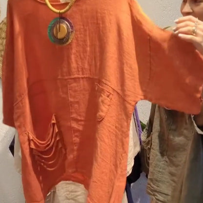 ✨Lniany top z kieszeniami bocznymi dla kobiet o luźnym kroju