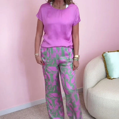 🎉【S-4XL】💝Dwuczęściowy komplet - top z okrągłym dekoltem i szerokie nogawki ze wzorem