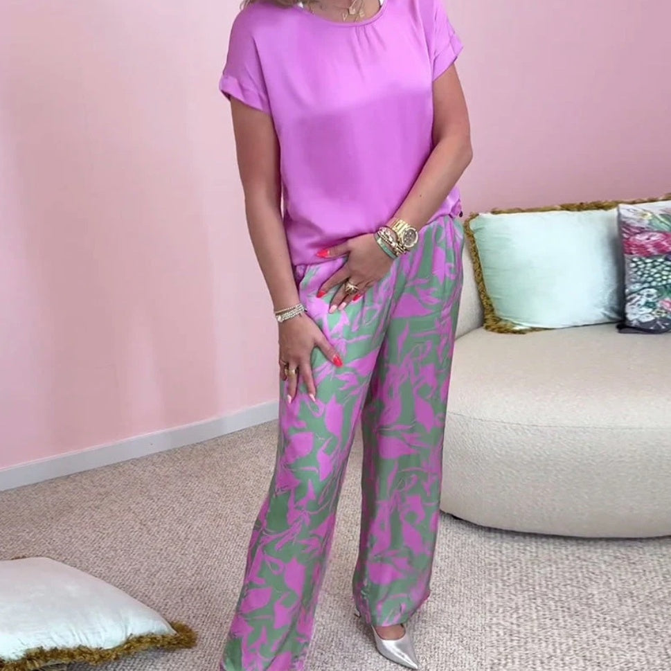 🎉【S-4XL】💝Dwuczęściowy komplet - top z okrągłym dekoltem i szerokie nogawki ze wzorem