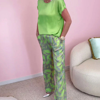 🎉【S-4XL】💝Dwuczęściowy komplet - top z okrągłym dekoltem i szerokie nogawki ze wzorem