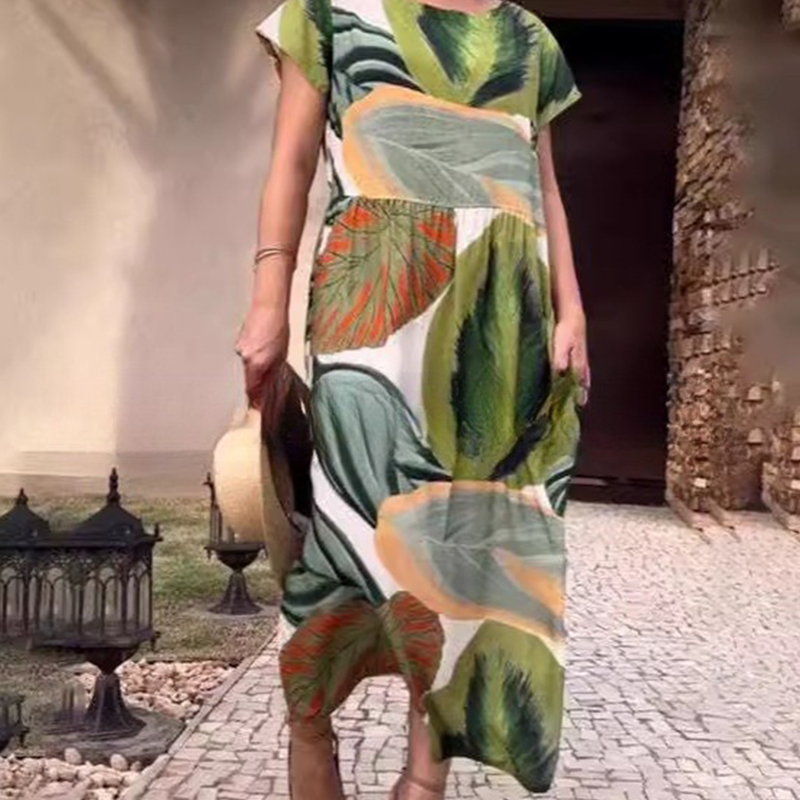 🌸 Sukienki damskie z krótkim rękawem i nadrukiem z rozcięciem z boku i rozcięciem z boku