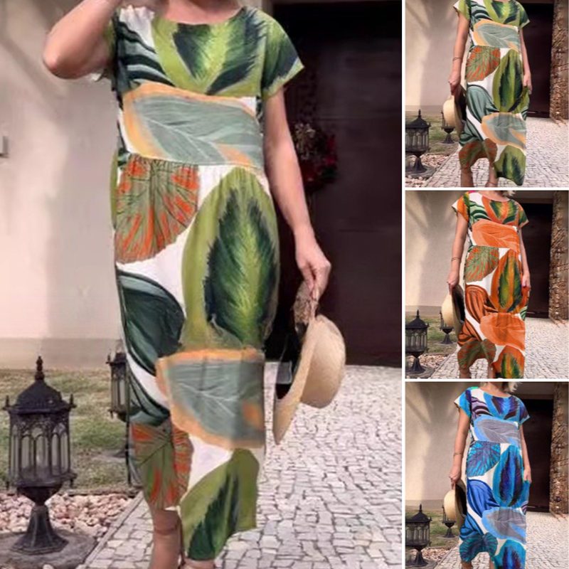 🌸 Sukienki damskie z krótkim rękawem i nadrukiem z rozcięciem z boku i rozcięciem z boku