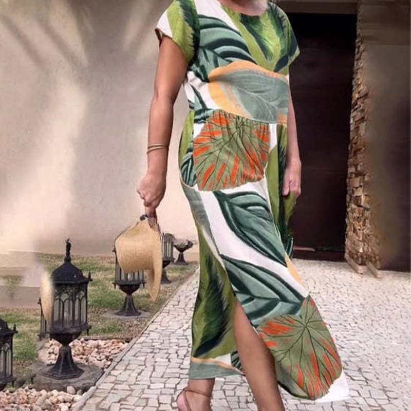 🌸 Sukienki damskie z krótkim rękawem i nadrukiem z rozcięciem z boku i rozcięciem z boku