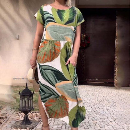 🌸 Sukienki damskie z krótkim rękawem i nadrukiem z rozcięciem z boku i rozcięciem z boku