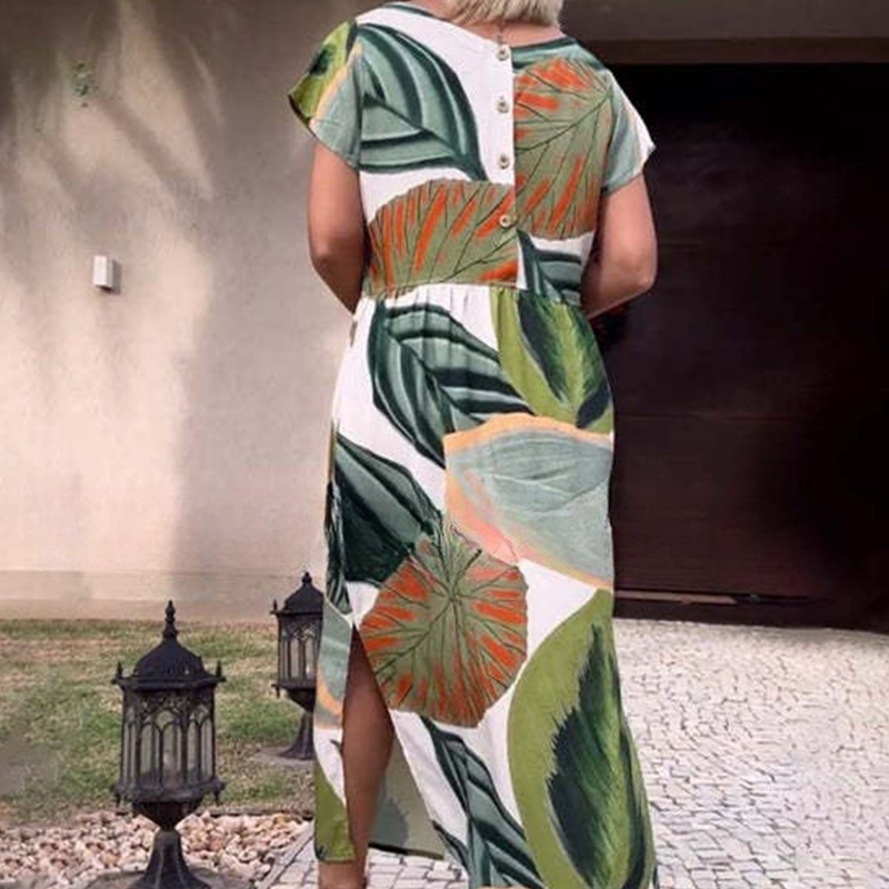 🌸 Sukienki damskie z krótkim rękawem i nadrukiem z rozcięciem z boku i rozcięciem z boku