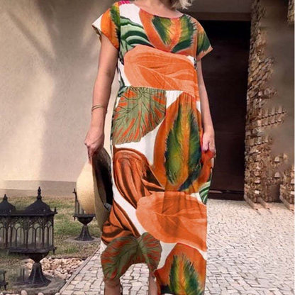 🌸 Sukienki damskie z krótkim rękawem i nadrukiem z rozcięciem z boku i rozcięciem z boku