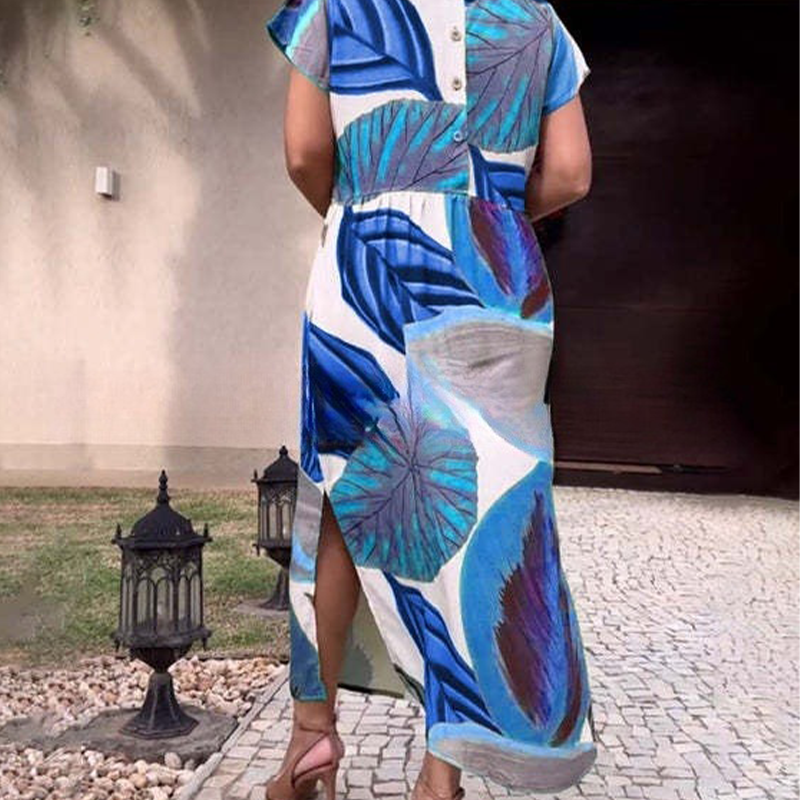 🌸 Sukienki damskie z krótkim rękawem i nadrukiem z rozcięciem z boku i rozcięciem z boku