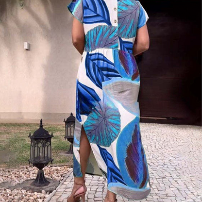 🌸 Sukienki damskie z krótkim rękawem i nadrukiem z rozcięciem z boku i rozcięciem z boku