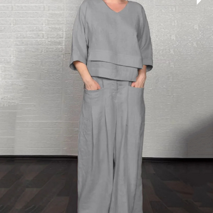 Nieregularny dół Bawełniany lniany zestaw dwuczęściowy z krótkim rękawem