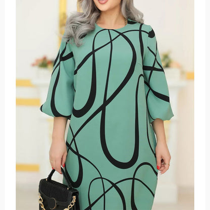 🌸 Sukienka z nadrukiem z okrągłym dekoltem i rękawem siedem czwartych