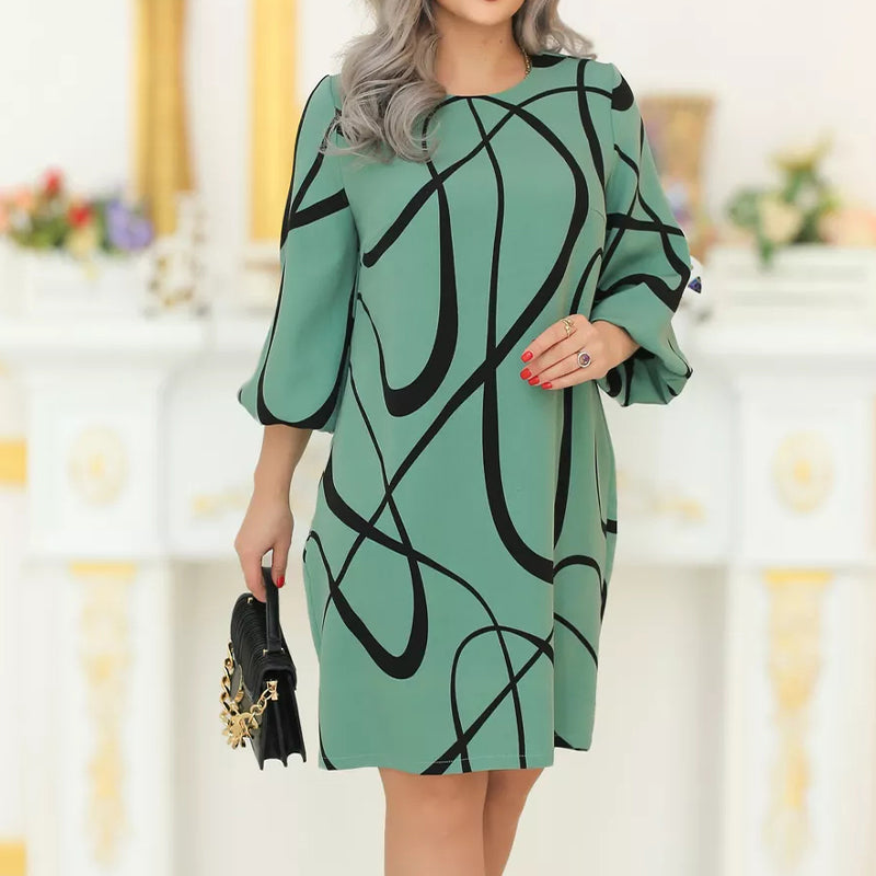 🌸 Sukienka z nadrukiem z okrągłym dekoltem i rękawem siedem czwartych