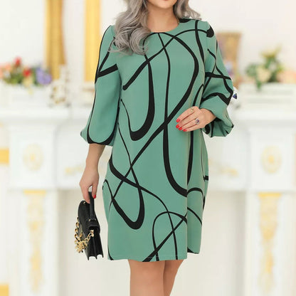 🌸 Sukienka z nadrukiem z okrągłym dekoltem i rękawem siedem czwartych