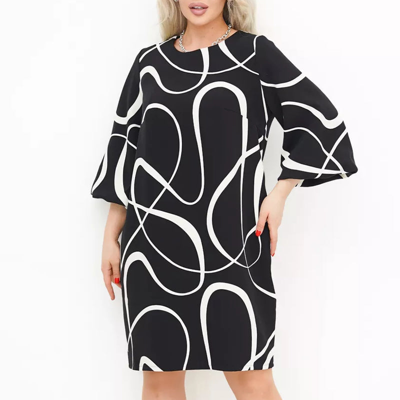 🌸 Sukienka z nadrukiem z okrągłym dekoltem i rękawem siedem czwartych