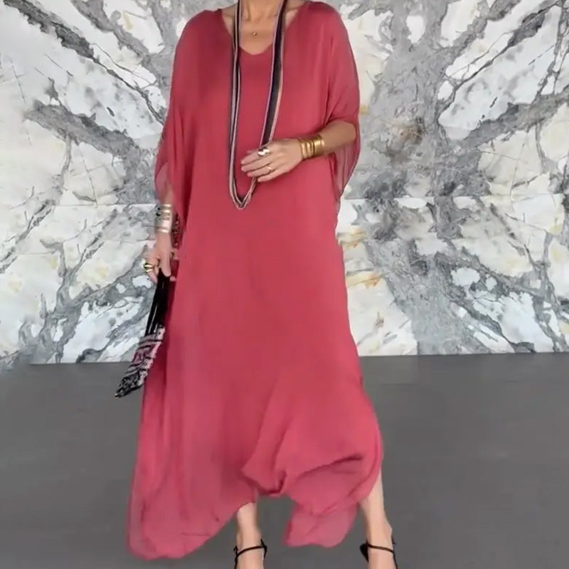 Damska przewiewna luźna sukienka maxi z dekoltem w serek