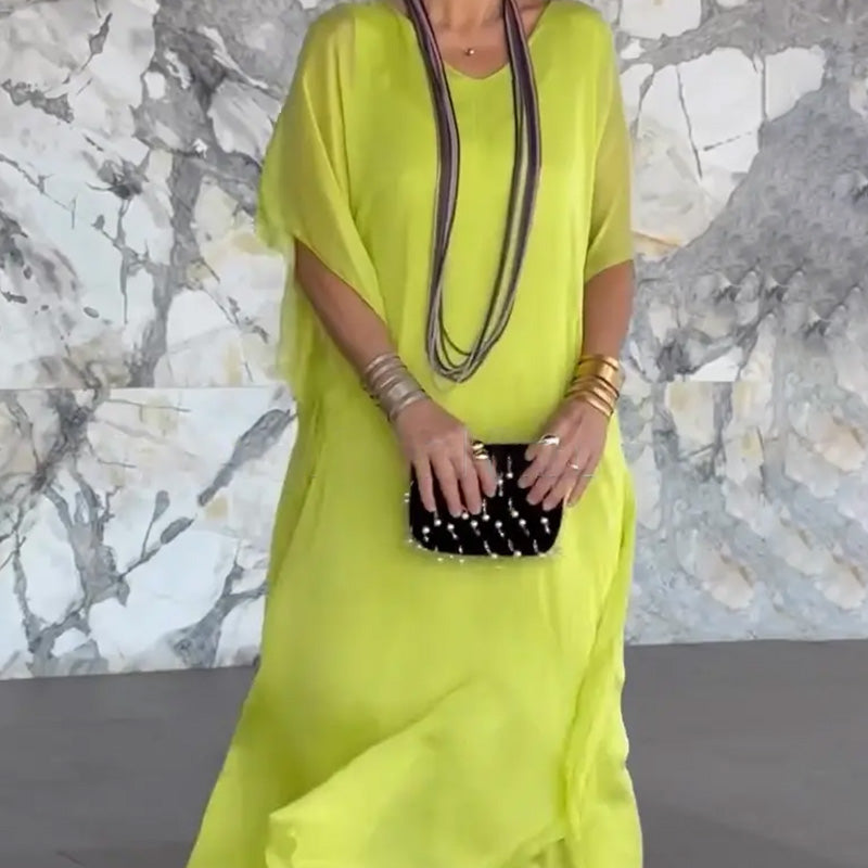 Damska przewiewna luźna sukienka maxi z dekoltem w serek