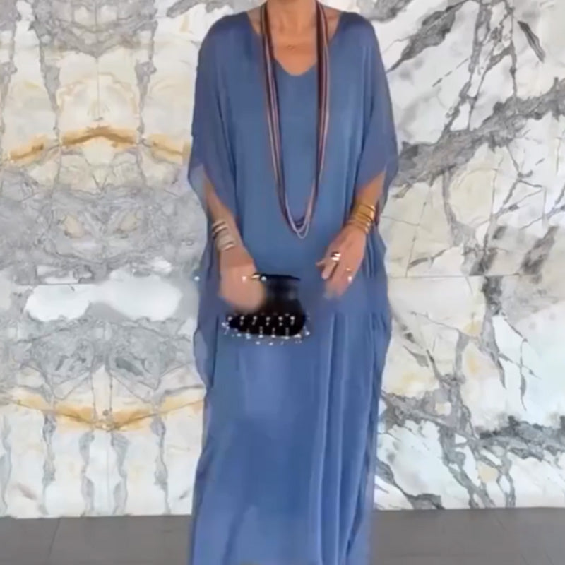 Damska przewiewna luźna sukienka maxi z dekoltem w serek