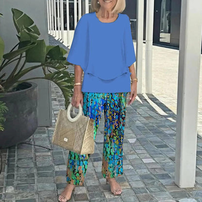 🌸Damski casualowy zestaw spodni z okrągłym dekoltem i półrękawkiem z nadrukiem