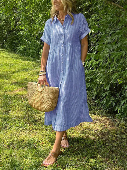 🔥👗 Sukienka koszulowa w paski z klapami i guzikami | Z funkcjonalnymi kieszeniami