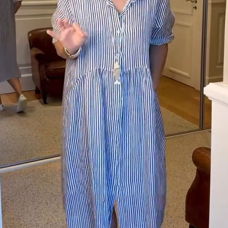 🔥👗 Sukienka koszulowa w paski z klapami i guzikami | Z funkcjonalnymi kieszeniami