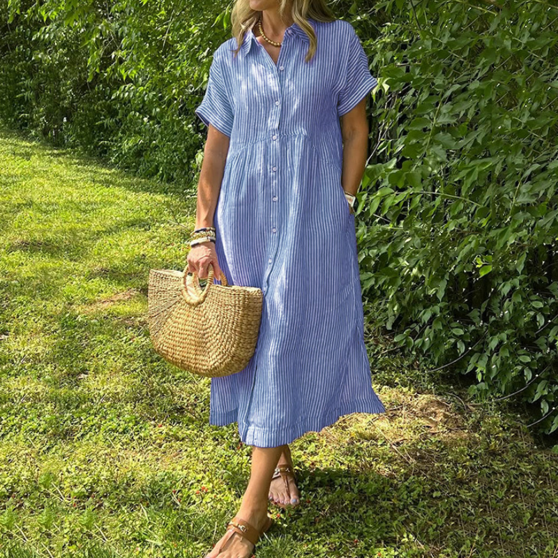 🔥👗 Sukienka koszulowa w paski z klapami i guzikami | Z funkcjonalnymi kieszeniami