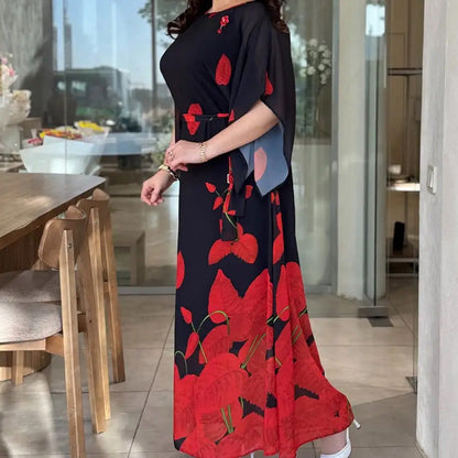 👗 Sukienka z falbankami, okrągłym dekoltem i paskiem 🌸 | Kwiatowy nadruk | Regulowana sylwetka