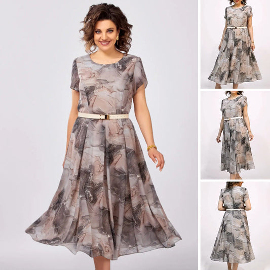 Elegancka damska sukienka midi z okrągłym dekoltem i krótkim rękawem