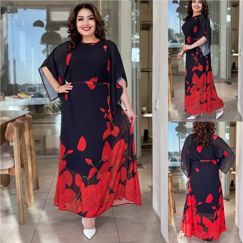 👗 Sukienka z falbankami, okrągłym dekoltem i paskiem 🌸 | Kwiatowy nadruk | Regulowana sylwetka