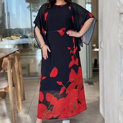 👗 Sukienka z falbankami, okrągłym dekoltem i paskiem 🌸 | Kwiatowy nadruk | Regulowana sylwetka