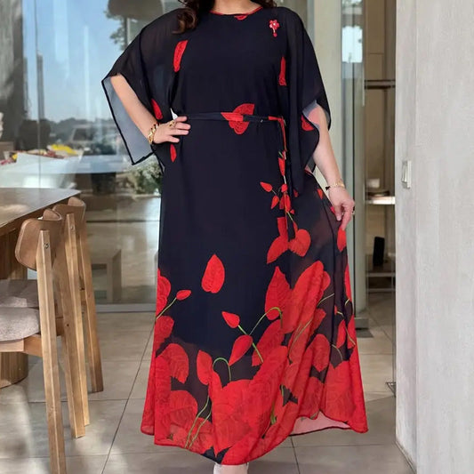 👗 Sukienka z falbankami, okrągłym dekoltem i paskiem 🌸 | Kwiatowy nadruk | Regulowana sylwetka